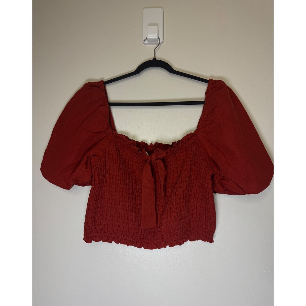 Sezane Red Smocked Puff Sleeve Crop Top Cotton Linen Blend Sz 46 NEW - Picture 5 of 9
